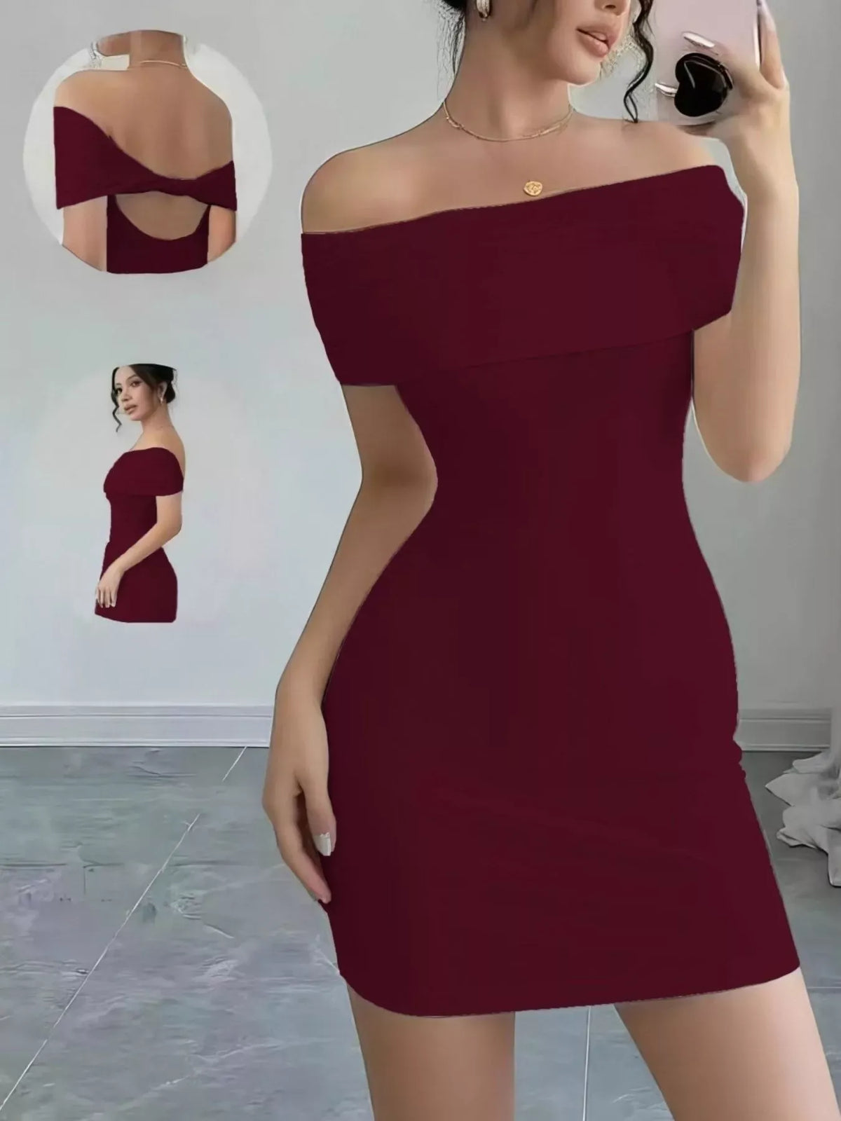 Trendsi Burgundy / S Off-Shoulder Bodycon Mini Dress 100100321090179 Off-Shoulder Bodycon Mini Dress Apparel & Accessories > Clothing > Dresses