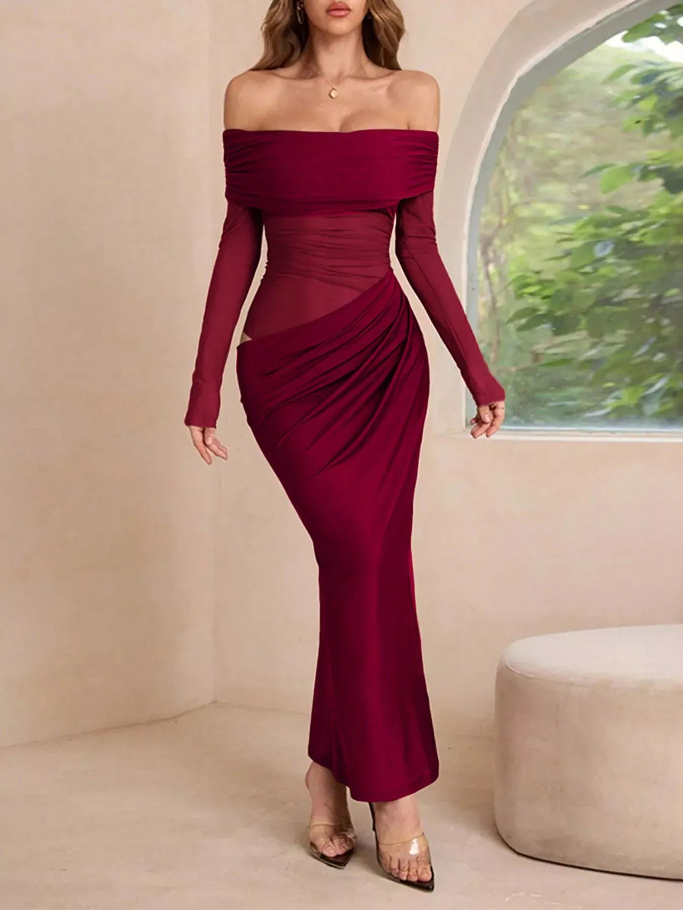 Trendsi Burgundy / S Off-Shoulder Long Sleeve Ruched Bodycon Maxi Dress 100100946609782 Off-Shoulder Long Sleeve Ruched Bodycon Maxi Dress Apparel & Accessories > Clothing > Dresses