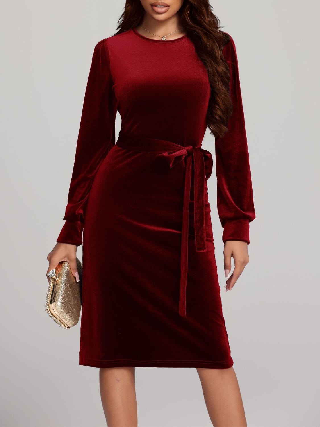 Trendsi Burgundy / S Round Neck Tie Waist Long Sleeve Velvet Dress 100100314911305 Round Neck Tie Waist Long Sleeve Velvet Dress Apparel &amp; Accessories &gt; Clothing &gt; Dresses