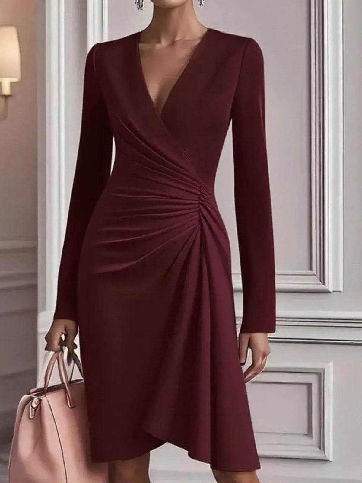 Trendsi Burgundy / S Ruched Surplice Long Sleeve Dress 100100190117898 Ruched Surplice Long Sleeve Dress Apparel & Accessories > Clothing > Dresses