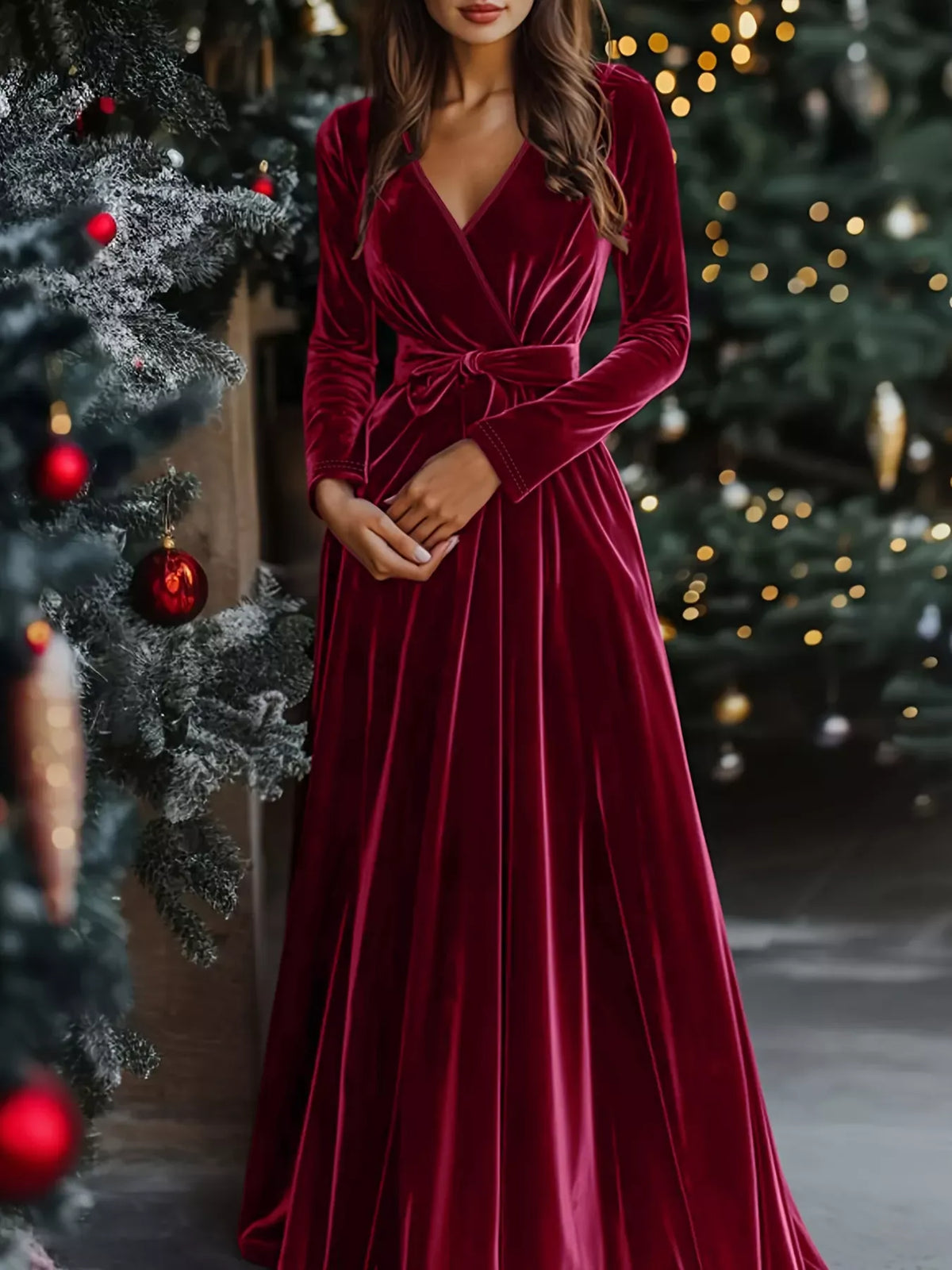 Trendsi Burgundy / S Velvet Wrap Surplice Maxi Dress 100100194951382 Velvet Wrap Surplice Maxi Dress Apparel & Accessories > Clothing > Dresses