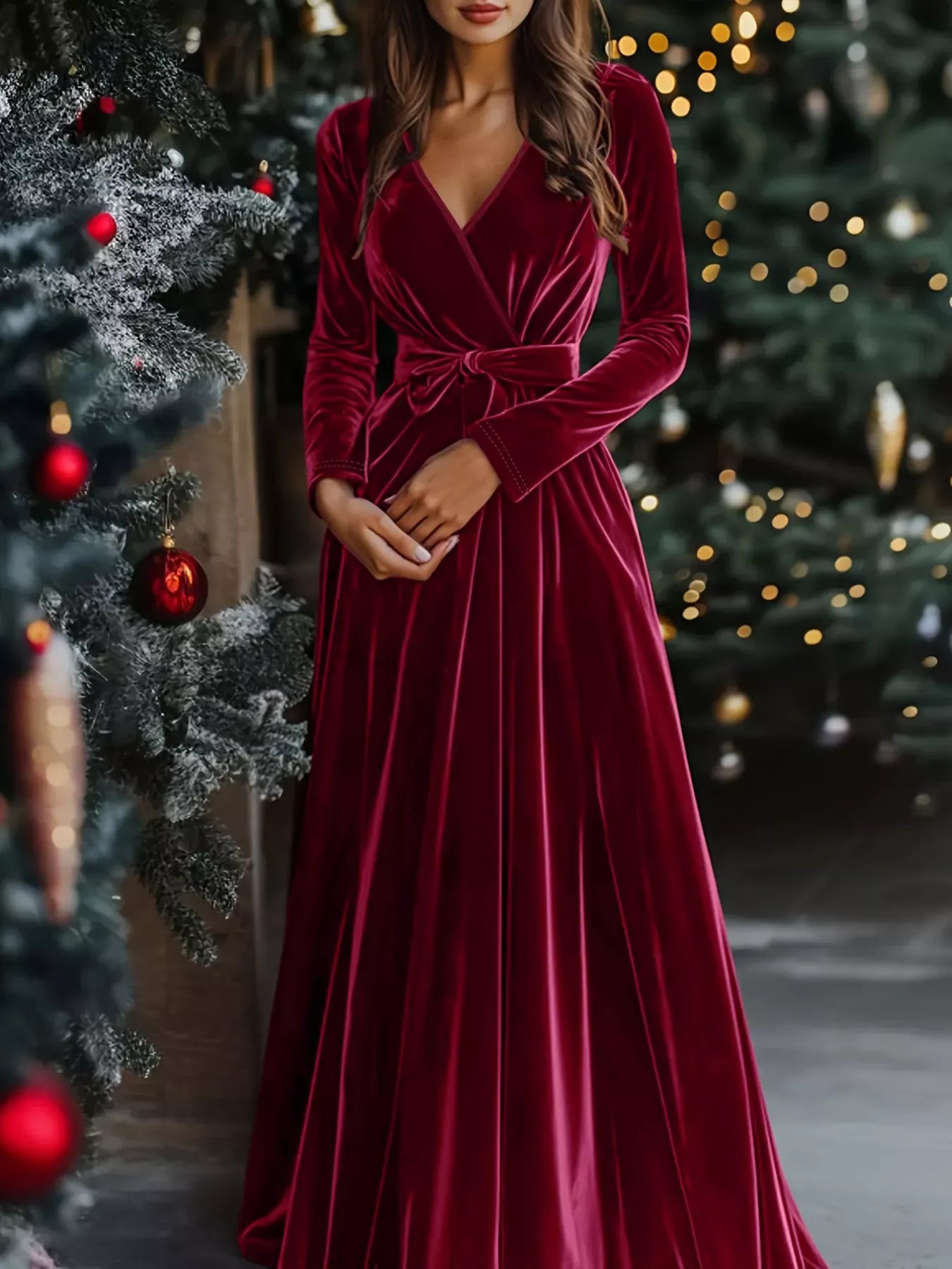 Trendsi Burgundy / S Velvet Wrap Surplice Maxi Dress 100100194951382 Velvet Wrap Surplice Maxi Dress Apparel & Accessories > Clothing > Dresses