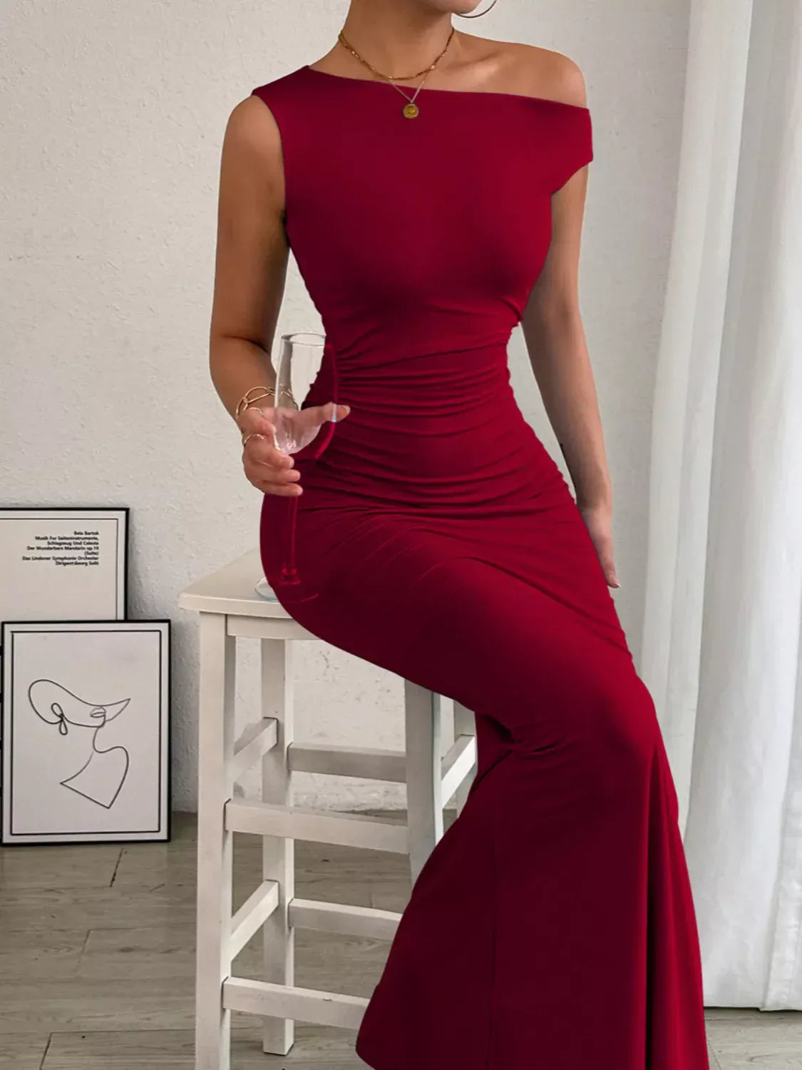 Trendsi Burgundy / XS One-Shoulder Ruched Bodycon Maxi Dress 100100605431330 One-Shoulder Ruched Bodycon Maxi Dress Apparel & Accessories > Clothing > Dresses