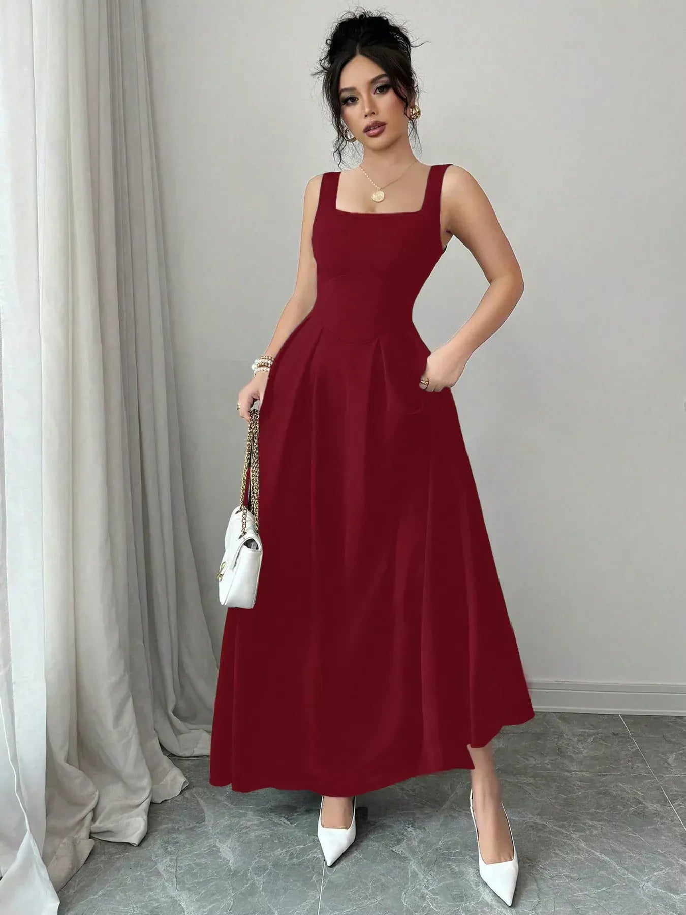 Trendsi Burgundy / XS Square Neck Sleeveless Maxi Tank Dress 100100224481358 Square Neck Sleeveless Maxi Tank Dress Apparel & Accessories > Clothing > Dresses