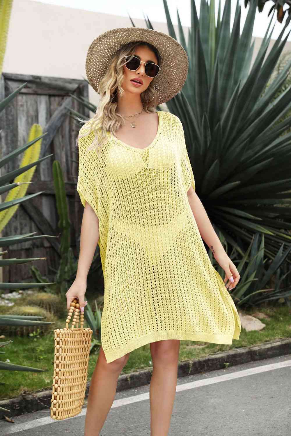 Trendsi Butter Yellow / One Size Openwork Side Slit Cover-Up Dress 100100482380512 Apparel &amp; Accessories &gt; Clothing &gt; Dresses