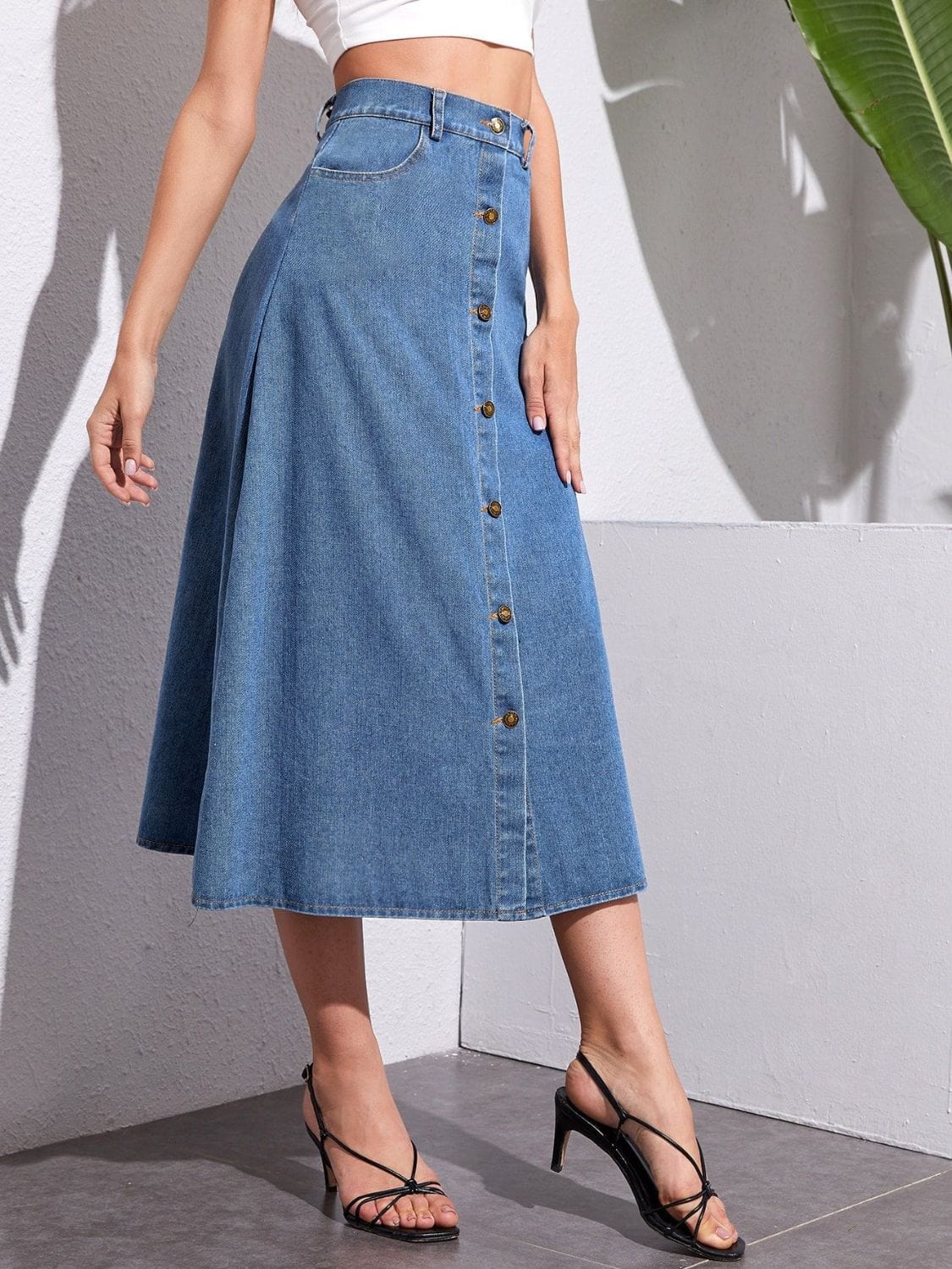 Trendsi Buttoned Midi Denim Skirt with Pockets Buttoned Midi Denim Skirt with Pockets Apparel &amp; Accessories &gt; Clothing &gt; Dresses