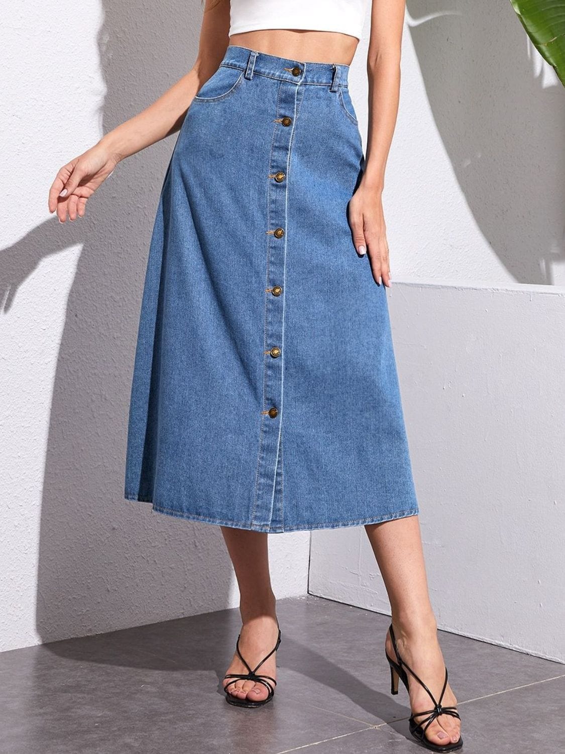 Trendsi Buttoned Midi Denim Skirt with Pockets Buttoned Midi Denim Skirt with Pockets Apparel &amp; Accessories &gt; Clothing &gt; Dresses