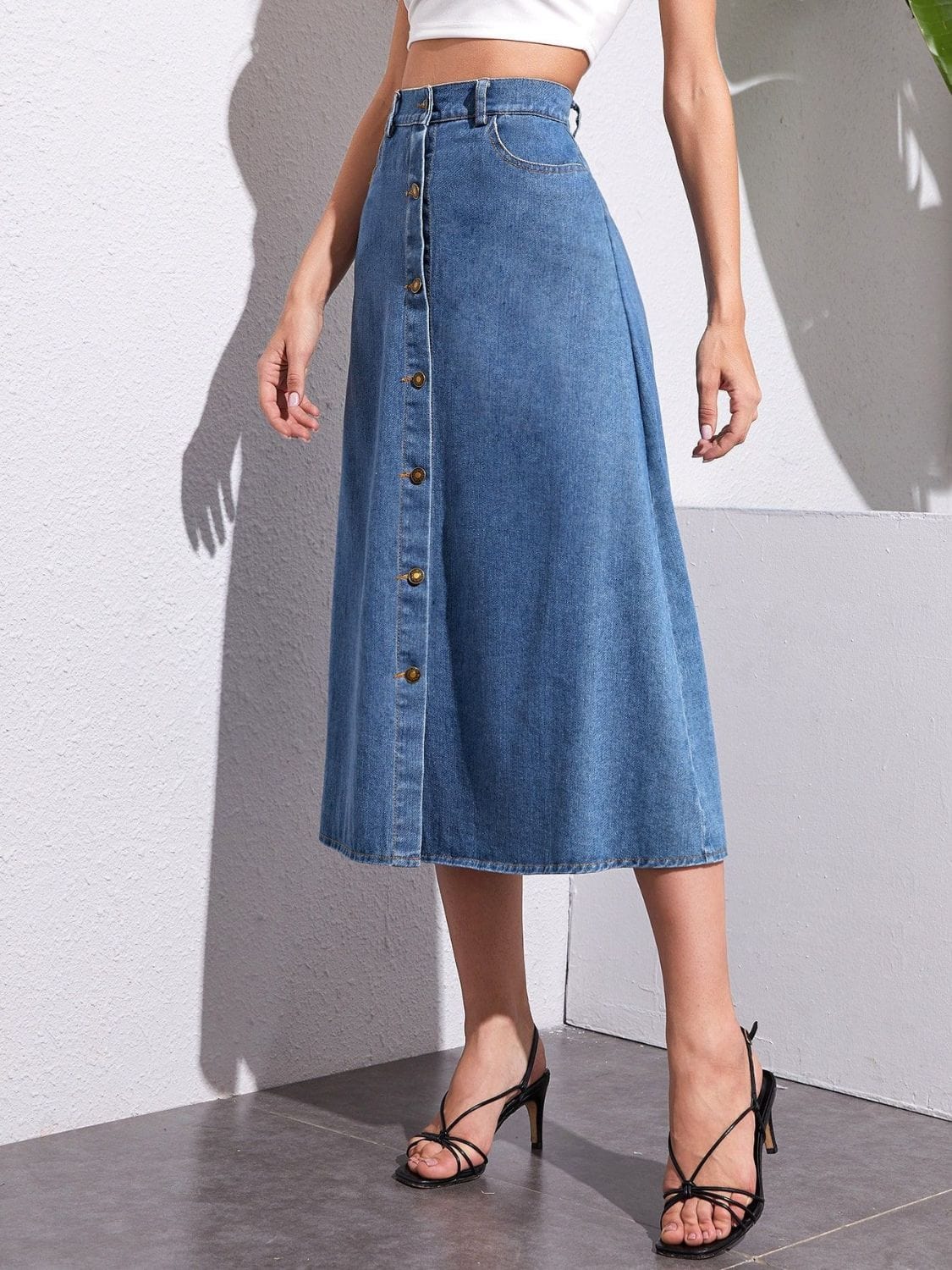 Trendsi Buttoned Midi Denim Skirt with Pockets Buttoned Midi Denim Skirt with Pockets Apparel &amp; Accessories &gt; Clothing &gt; Dresses