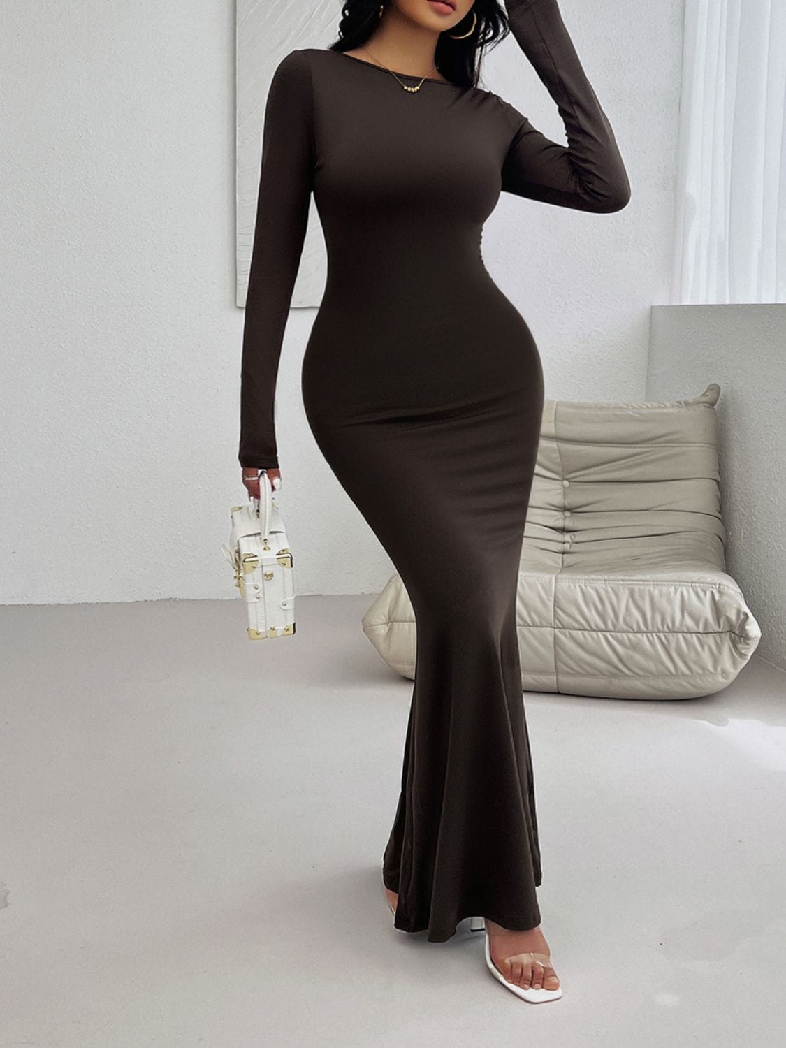 Trendsi Chocolate Brown Devine Backless Round Neck Long Sleeve Maxi Dress Apparel &amp; Accessories &gt; Clothing &gt; Dresses