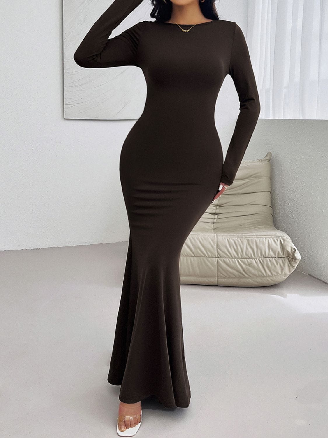 Trendsi Chocolate Brown Devine Backless Round Neck Long Sleeve Maxi Dress Apparel &amp; Accessories &gt; Clothing &gt; Dresses