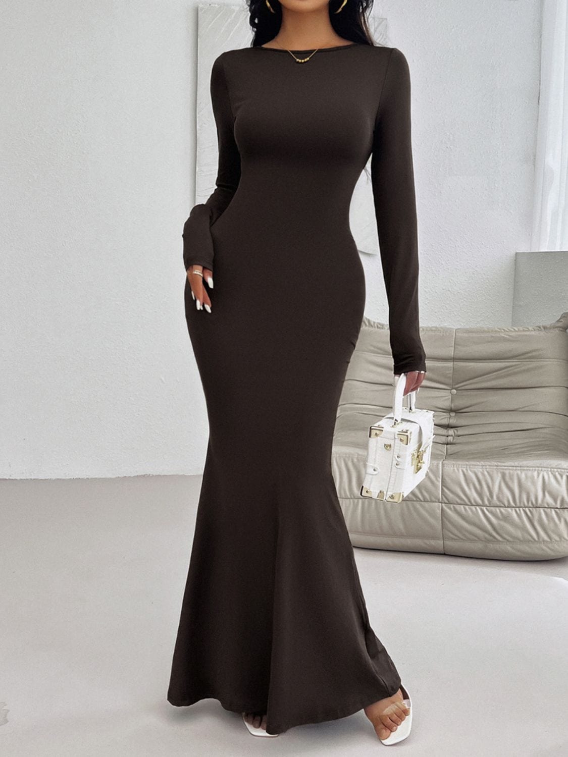 Trendsi Chocolate / S Chocolate Brown Devine Backless Round Neck Long Sleeve Maxi Dress 100100547361784 Apparel &amp; Accessories &gt; Clothing &gt; Dresses