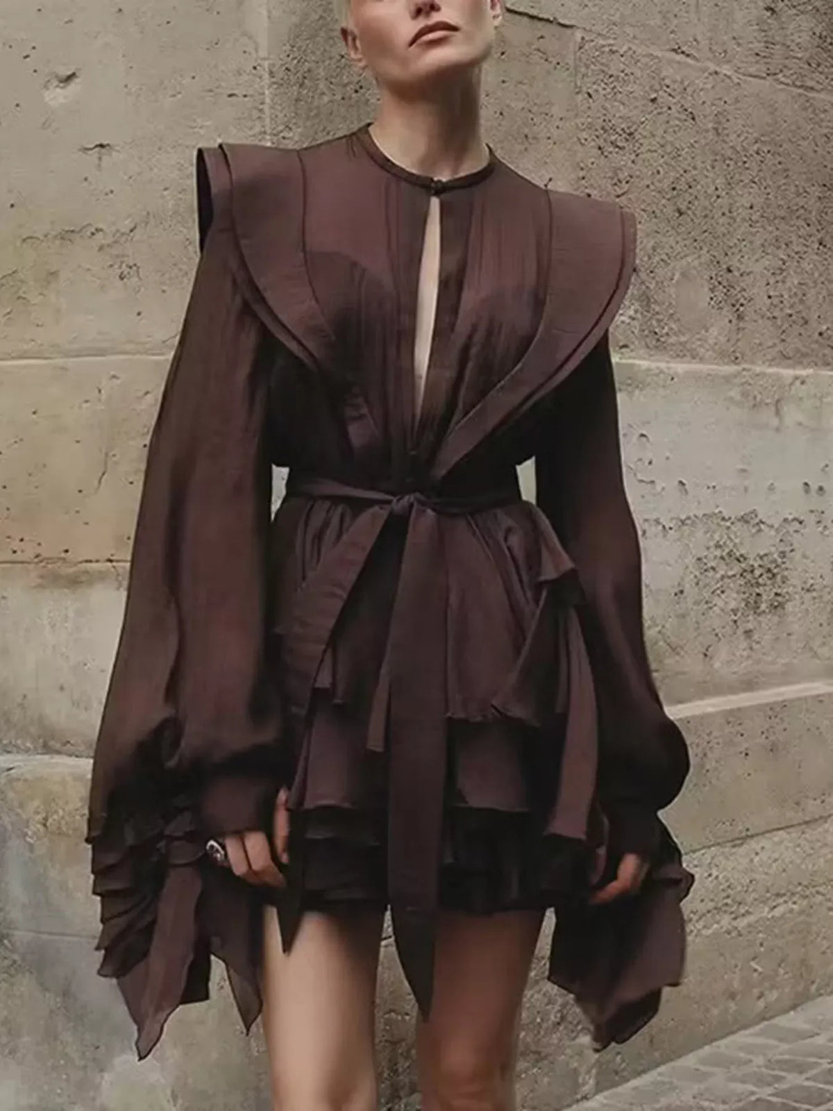 Trendsi Coffee Color / S Ruffled Long Sleeve Mini Dress 100100218143893 Ruffled Long Sleeve Mini Dress Apparel & Accessories > Clothing > Dresses