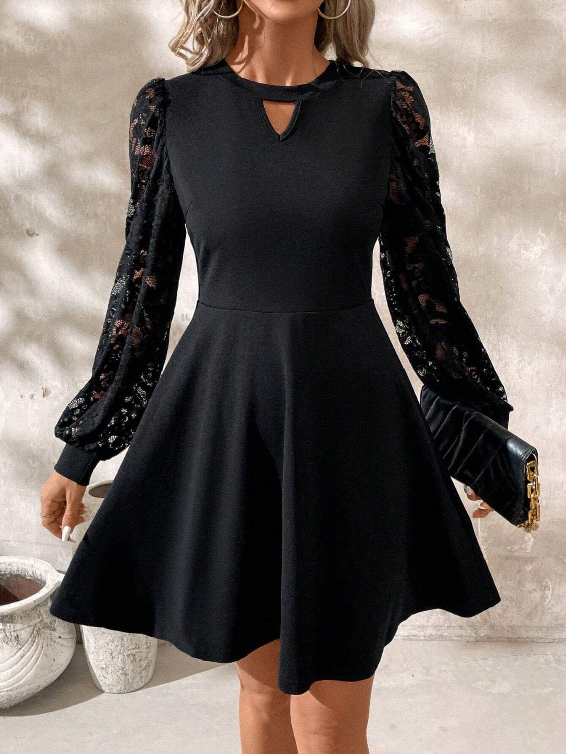 Trendsi Cutout Lace Long Sleeve Mini Dress Cutout Lace Long Sleeve Mini Dress Apparel &amp; Accessories &gt; Clothing &gt; Dresses