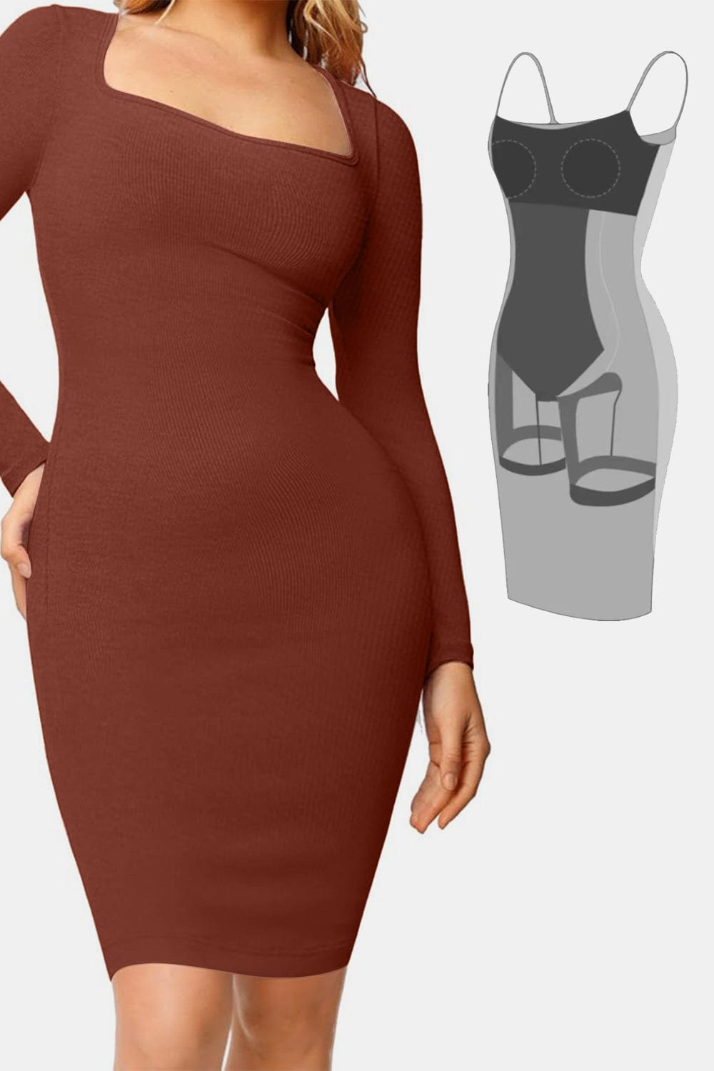 Trendsi Dark Brown / S Basic Bae Full Size Built-In Shapewear Square Neck Long Sleeve Dress 100100021110203 Basic Bae Full Size Built-In Shapewear Square Neck Long Sleeve Dress Apparel &amp; Accessories &gt; Clothing &gt; Dresses