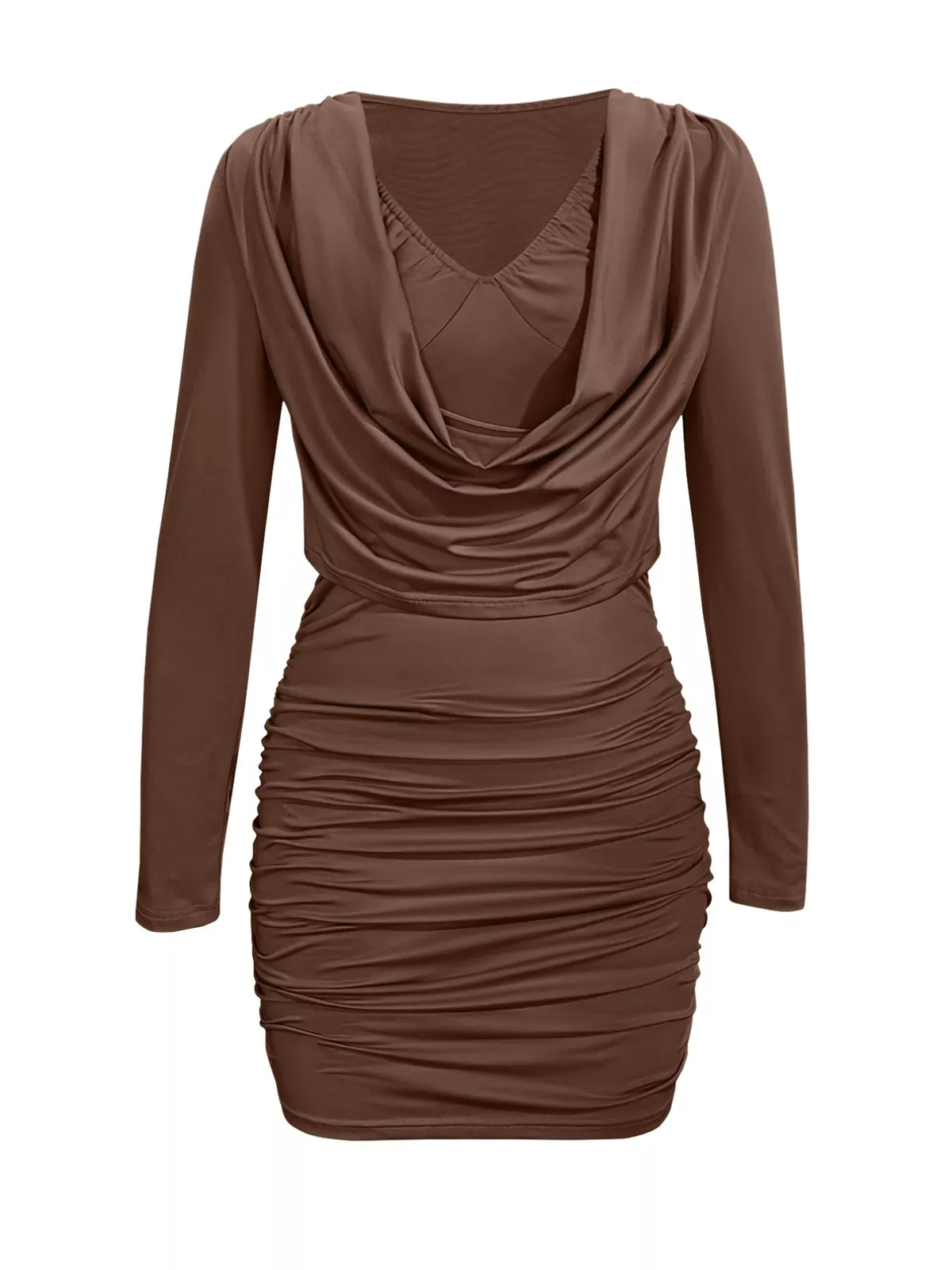 Trendsi Dark Brown / S Draped V-Neck Long Sleeve Bodycon Mini Dress 100100086459552 Draped V-Neck Long Sleeve Bodycon Mini Dress Apparel & Accessories > Clothing > Dresses