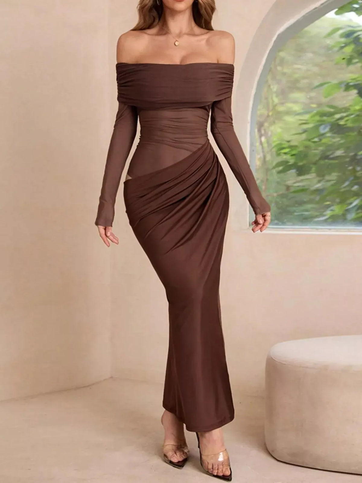 Trendsi Dark Brown / S Off-Shoulder Long Sleeve Ruched Bodycon Maxi Dress 100100946603765 Off-Shoulder Long Sleeve Ruched Bodycon Maxi Dress Apparel & Accessories > Clothing > Dresses