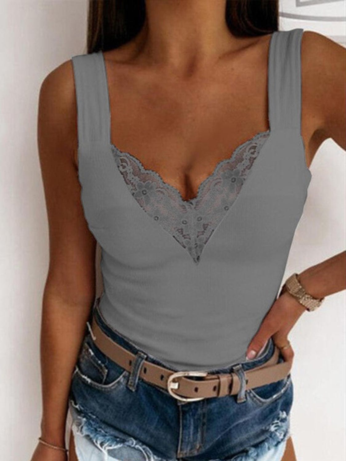 Trendsi Dark Gray / S Full Size Lace Detail Sweetheart Neck Tank 100100368052832 Apparel &amp; Accessories &gt; Clothing &gt; Dresses