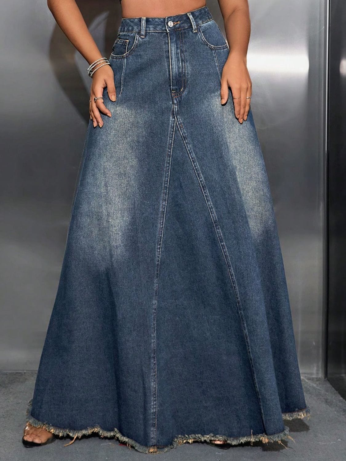 Trendsi Dark / S Raw Hem High Waist Faded-Look Denim Skirt with Pockets 100100597301587 Apparel & Accessories > Clothing > Dresses