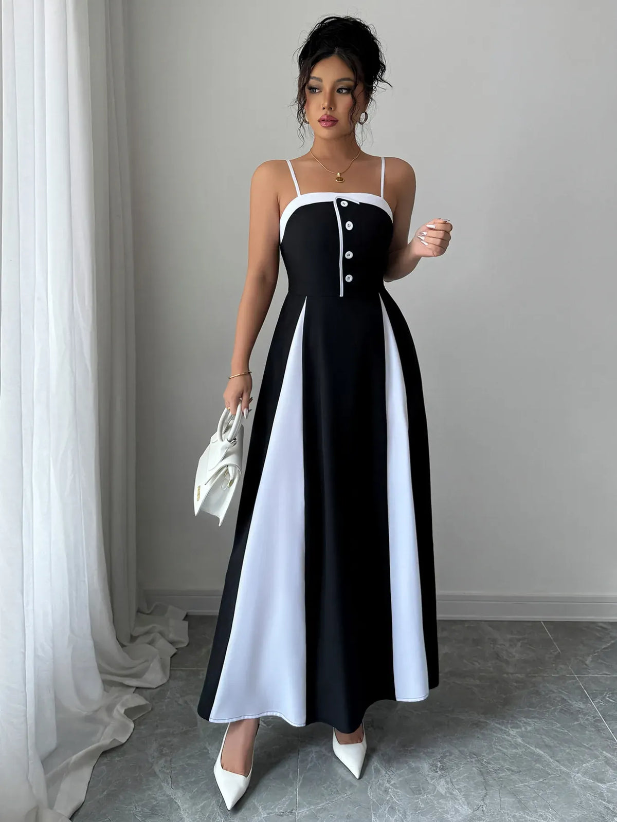 Trendsi Decorative Button Contrast Maxi Cami Dress Decorative Button Contrast Maxi Cami Dress Apparel & Accessories > Clothing > Dresses