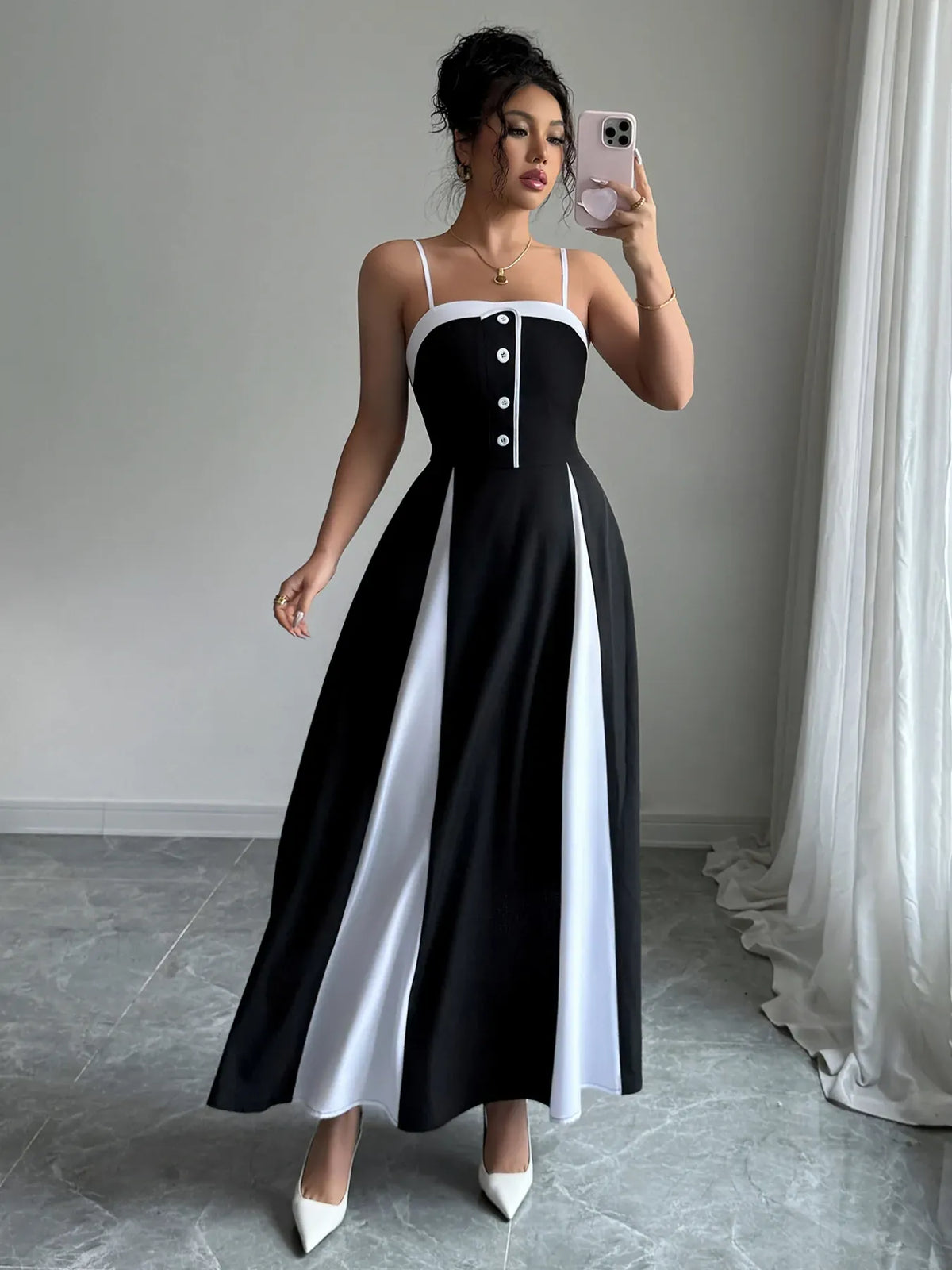 Trendsi Decorative Button Contrast Maxi Cami Dress Decorative Button Contrast Maxi Cami Dress Apparel & Accessories > Clothing > Dresses
