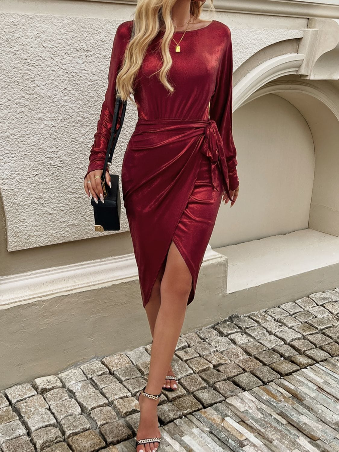 Trendsi Deep Red / S Gold Tied Boat Neck Long Sleeve Evening Party Dress 100100867395143 Black Gold Silver Or Burgundy Viscose Long Sleeve Evening Dress Apparel &amp; Accessories &gt; Clothing &gt; Dresses