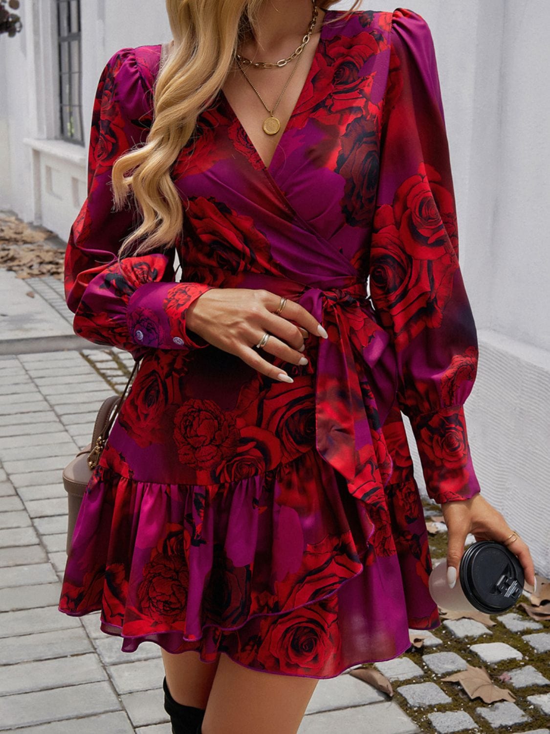 Trendsi Devine Ruffled Printed Surplice Long Sleeve Mini Dress Red Pink Blue Print Ruffled Surplice Long Sleeve Mini Dress Apparel &amp; Accessories &gt; Clothing &gt; Dresses