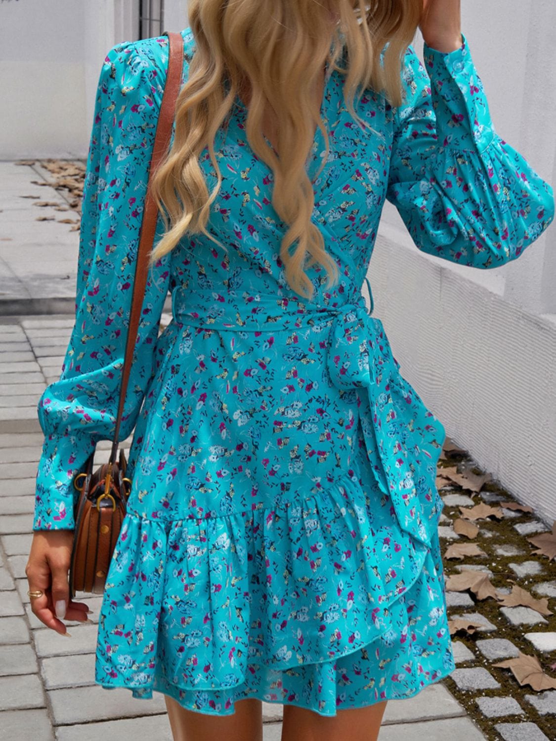 Trendsi Sky Blue / S Devine Ruffled Printed Surplice Long Sleeve Mini Dress 100100893331247 Red Pink Blue Print Ruffled Surplice Long Sleeve Mini Dress Apparel & Accessories > Clothing > Dresses