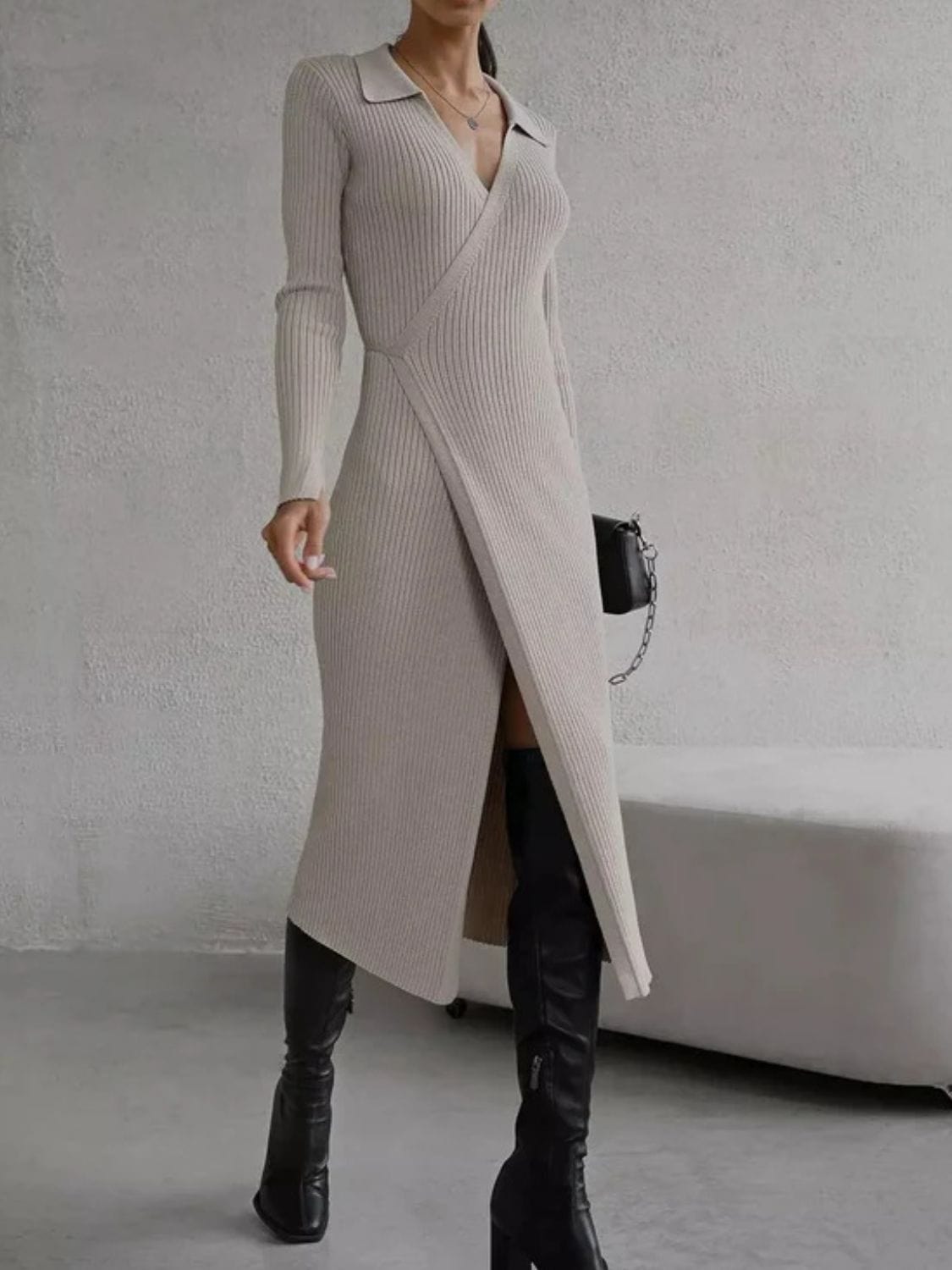 Trendsi Dust Storm / One Size Tied Collared Neck Long Sleeve Sweater Dress 100100753271777 Tied Collared Neck Long Sleeve Sweater Dress Apparel &amp; Accessories &gt; Clothing &gt; Dresses