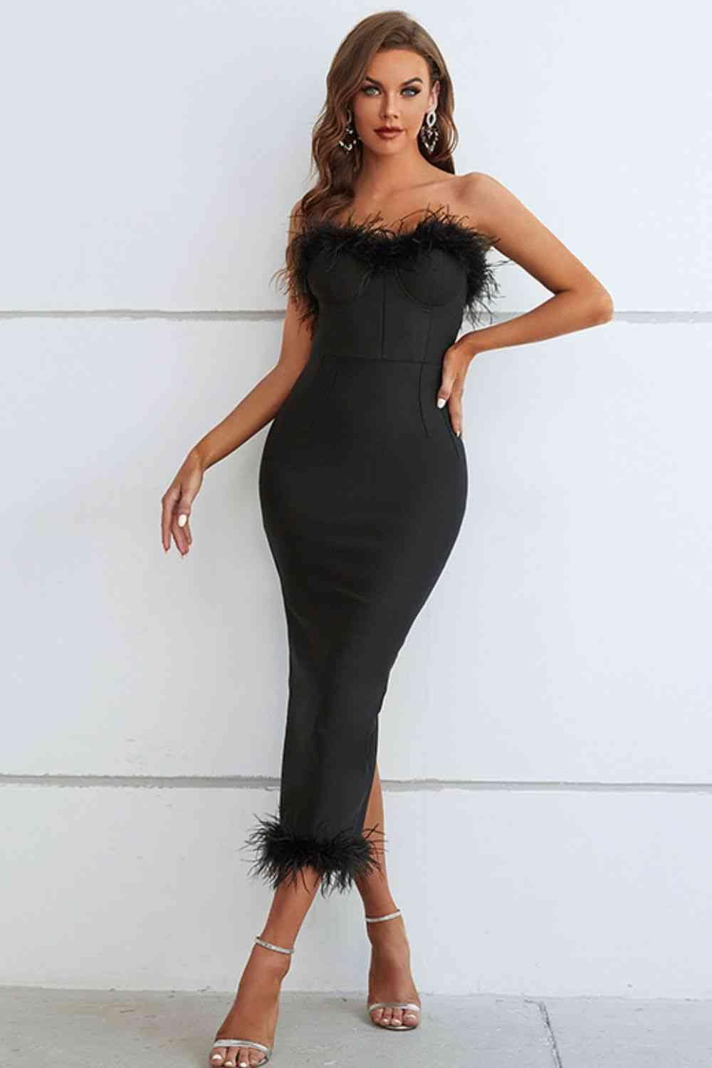 Trendsi Feather Trim Strapless Sweetheart Neck Dress Apparel &amp; Accessories &gt; Clothing &gt; Dresses