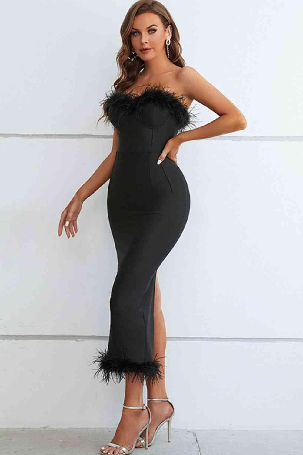 Trendsi Feather Trim Strapless Sweetheart Neck Dress Apparel &amp; Accessories &gt; Clothing &gt; Dresses