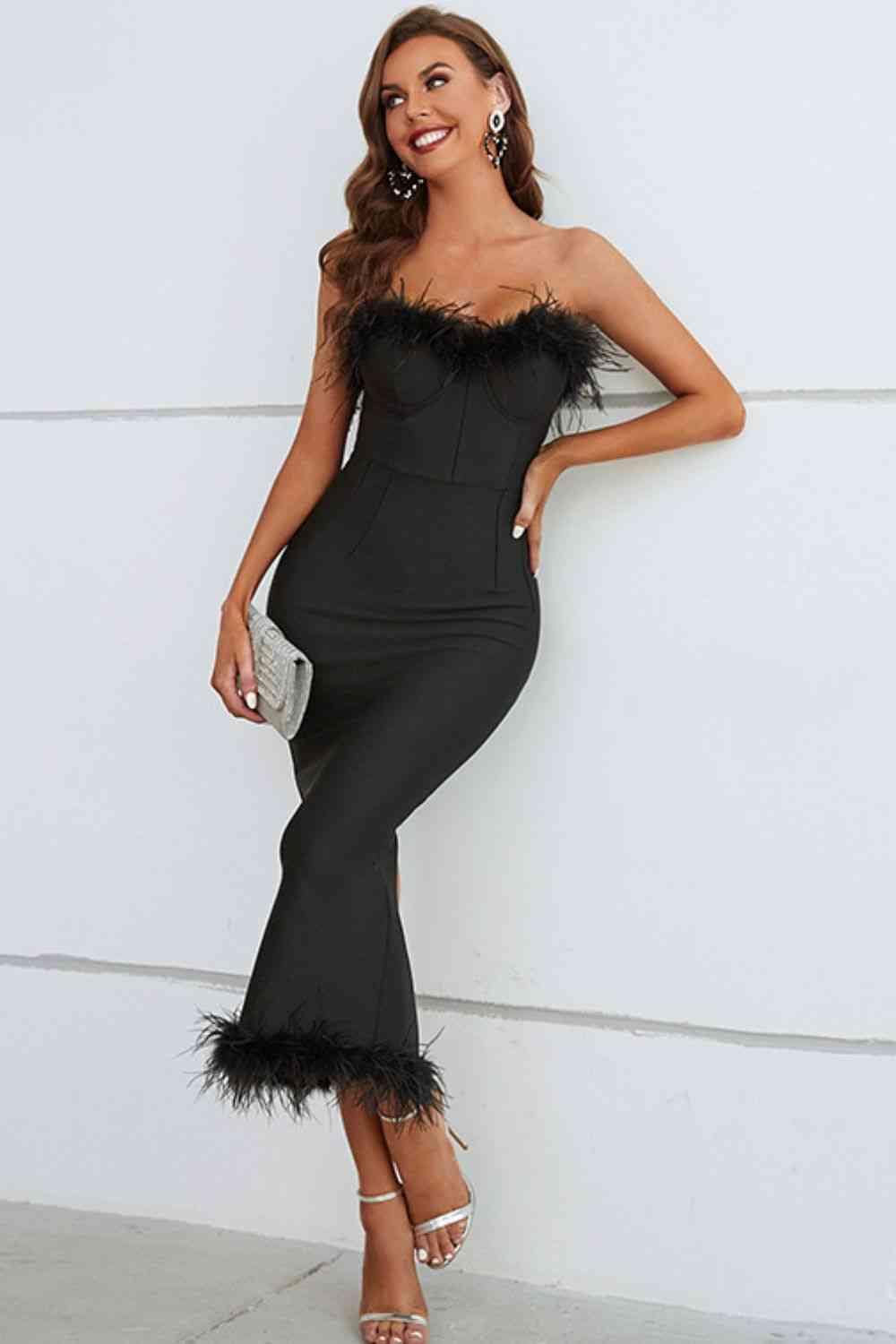 Trendsi Feather Trim Strapless Sweetheart Neck Dress Apparel &amp; Accessories &gt; Clothing &gt; Dresses