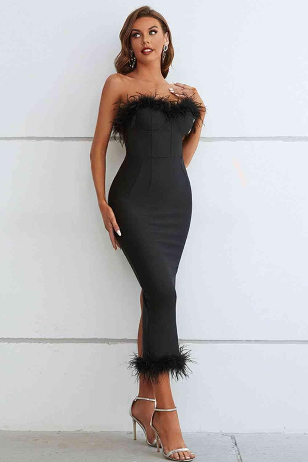 Trendsi Feather Trim Strapless Sweetheart Neck Dress Apparel &amp; Accessories &gt; Clothing &gt; Dresses