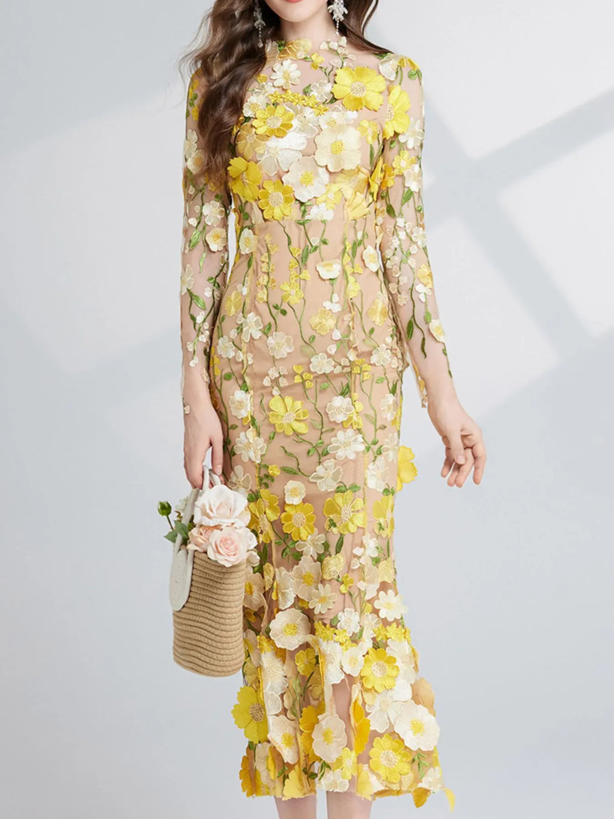 Trendsi Floral Embroidered Mesh Long Sleeve Midi Dress Floral Embroidered Mesh Long Sleeve Midi Dress Apparel & Accessories > Clothing > Dresses