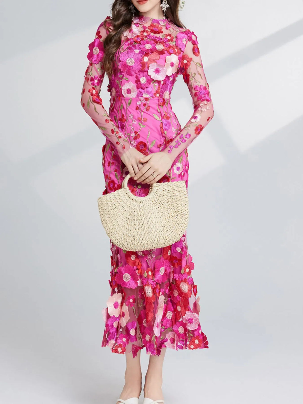 Trendsi Floral Embroidered Mesh Long Sleeve Midi Dress Floral Embroidered Mesh Long Sleeve Midi Dress Apparel & Accessories > Clothing > Dresses