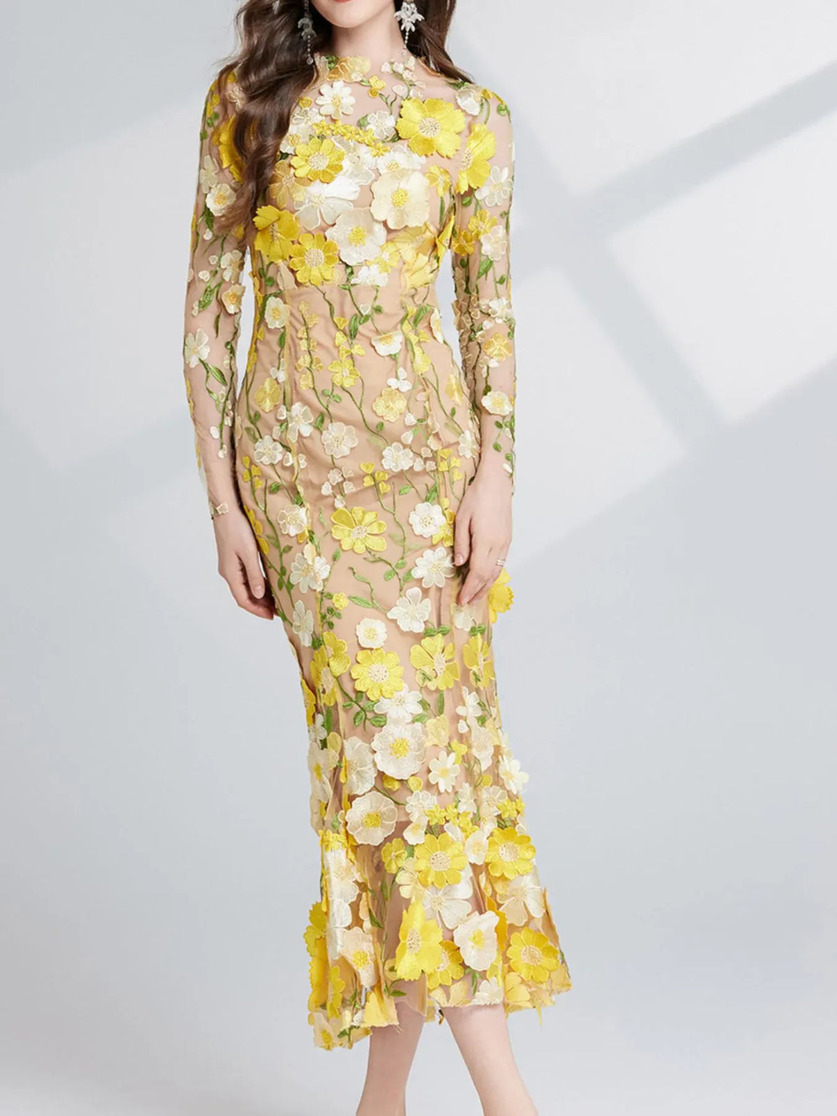 Trendsi Floral Embroidered Mesh Long Sleeve Midi Dress Floral Embroidered Mesh Long Sleeve Midi Dress Apparel & Accessories > Clothing > Dresses