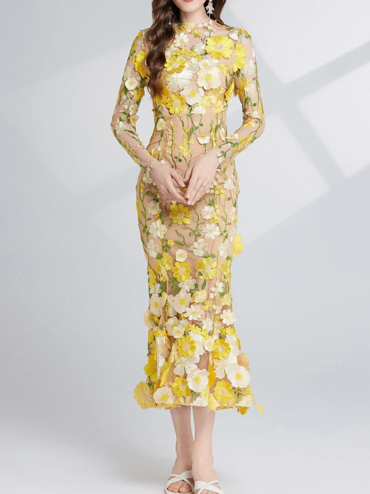 Trendsi Floral Embroidered Mesh Long Sleeve Midi Dress Floral Embroidered Mesh Long Sleeve Midi Dress Apparel & Accessories > Clothing > Dresses