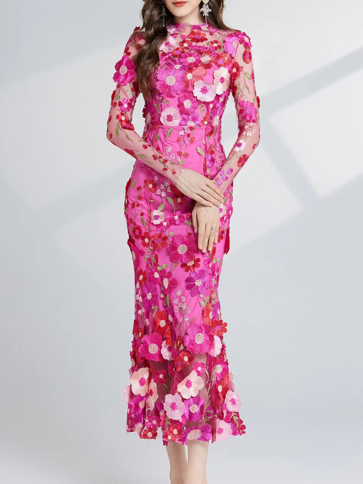 Trendsi Floral Embroidered Mesh Long Sleeve Midi Dress Floral Embroidered Mesh Long Sleeve Midi Dress Apparel & Accessories > Clothing > Dresses