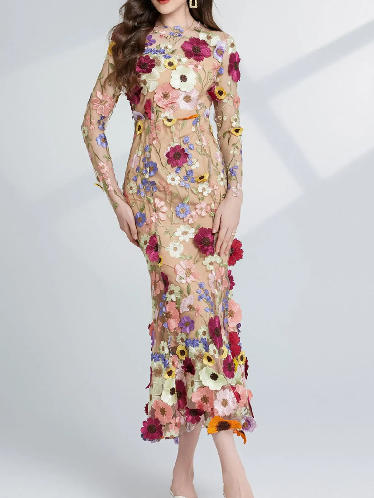 Trendsi Floral Embroidered Mesh Long Sleeve Midi Dress Floral Embroidered Mesh Long Sleeve Midi Dress Apparel & Accessories > Clothing > Dresses