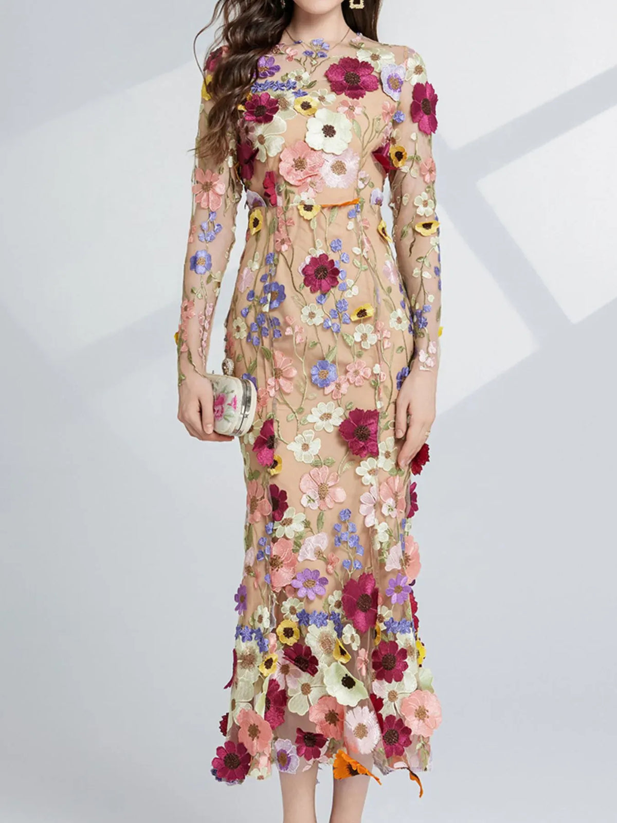 Trendsi Floral Embroidered Mesh Long Sleeve Midi Dress Floral Embroidered Mesh Long Sleeve Midi Dress Apparel & Accessories > Clothing > Dresses