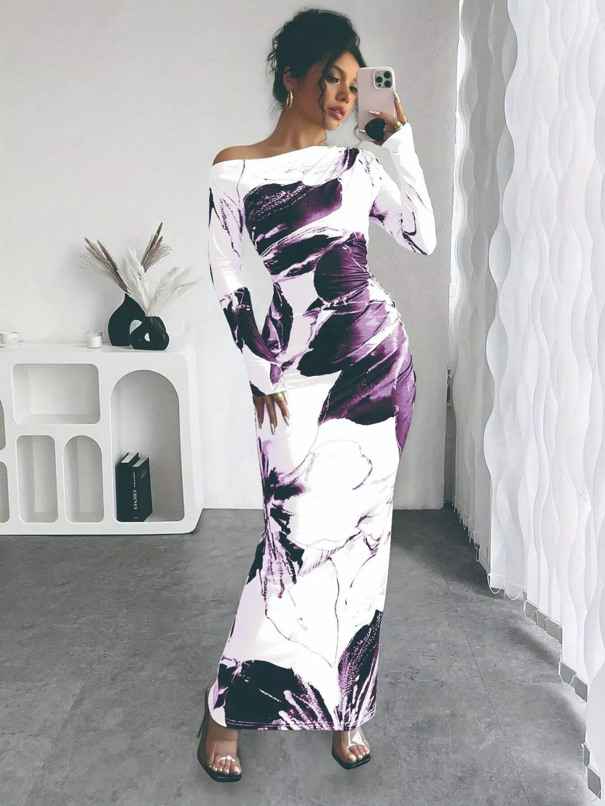 Trendsi Floral One Shoulder Long Sleeve Maxi Dress Floral One Shoulder Long Sleeve Maxi Dress Apparel & Accessories > Clothing > Dresses