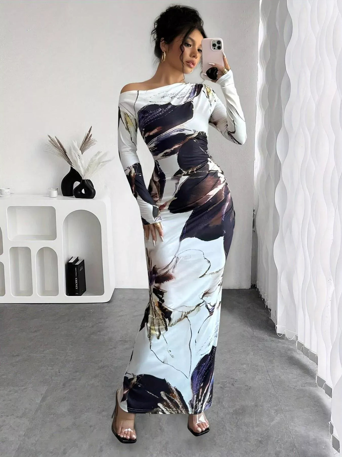 Trendsi Floral One Shoulder Long Sleeve Maxi Dress Floral One Shoulder Long Sleeve Maxi Dress Apparel & Accessories > Clothing > Dresses