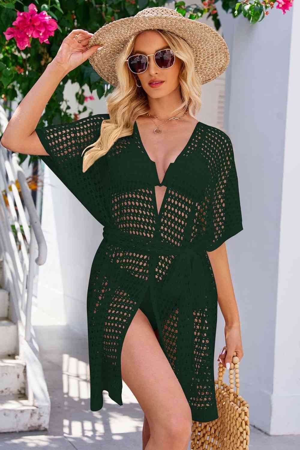 Trendsi Forest / S Openwork Tie Waist Cover Up 100100211871164 Apparel &amp; Accessories &gt; Clothing &gt; Dresses