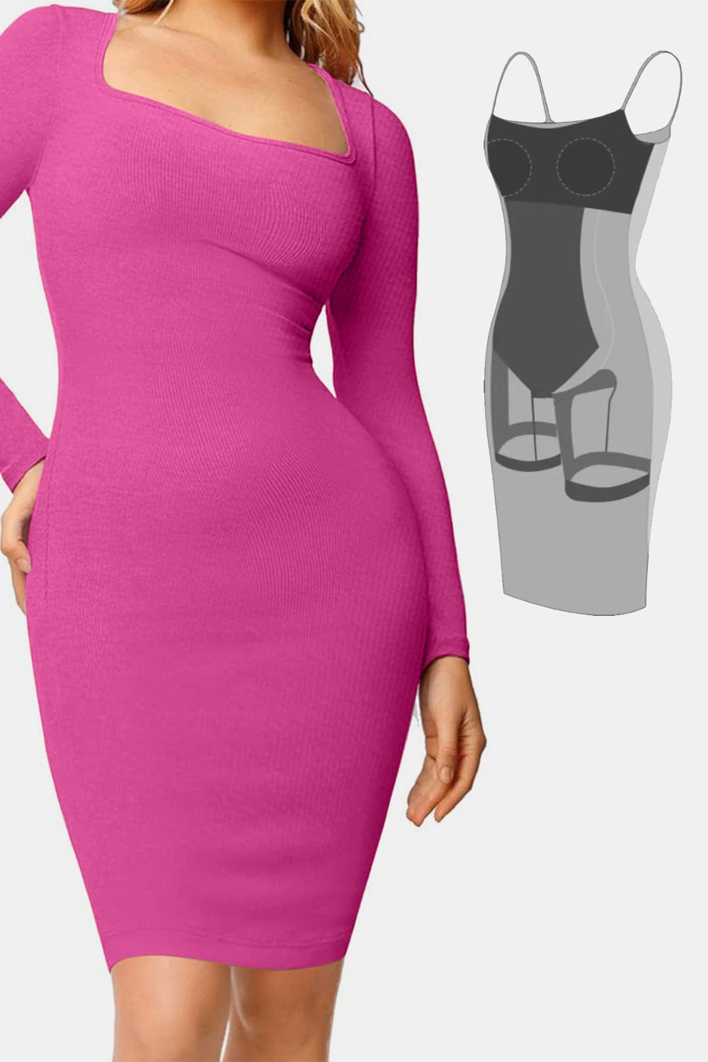 Trendsi Fuchsia Pink / S Basic Bae Full Size Built-In Shapewear Square Neck Long Sleeve Dress 100100021114216 Basic Bae Full Size Built-In Shapewear Square Neck Long Sleeve Dress Apparel &amp; Accessories &gt; Clothing &gt; Dresses