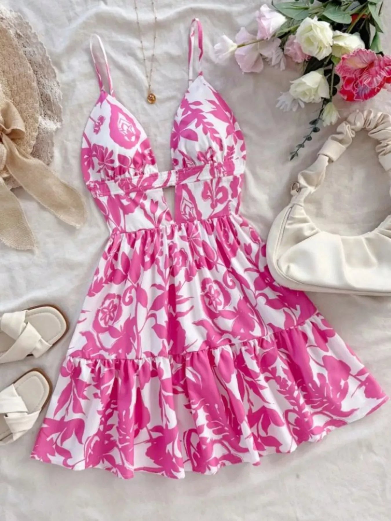 Trendsi Fuchsia Pink / S Floral Print Cutout Mini Dress 100100921849440 Floral Print Cutout Mini Dress Apparel & Accessories > Clothing > Dresses