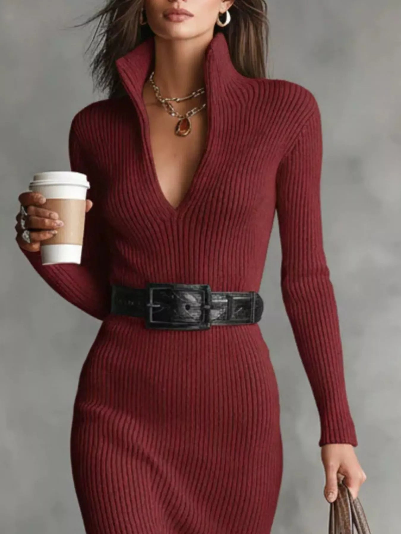 Trendsi Red / S Full Size Ribbed Knit Turtleneck Sweater Dress Plus Size 100100487923258 Full Size Ribbed Knit Turtleneck Sweater Dress Plus Size Apparel & Accessories > Clothing > Dresses