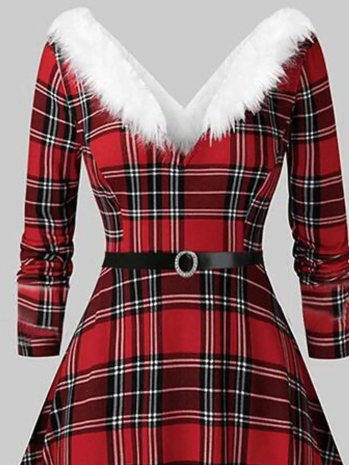 Trendsi Fuzzy Trim Long Sleeve Christmas Dress Fuzzy Trim Long Sleeve Christmas Dress Apparel & Accessories > Clothing > Dresses