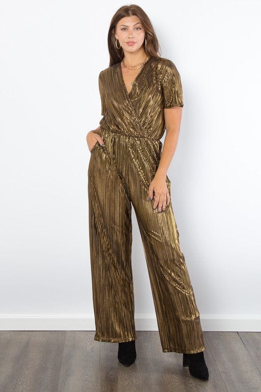 Trendsi Gold / S Be Stage Surplice Short Sleeve Pleated Foil Jumpsuit 100100550991632 Be Stage Surplice Short Sleeve Pleated Foil Jumpsuit Apparel & Accessories > Clothing > Dresses