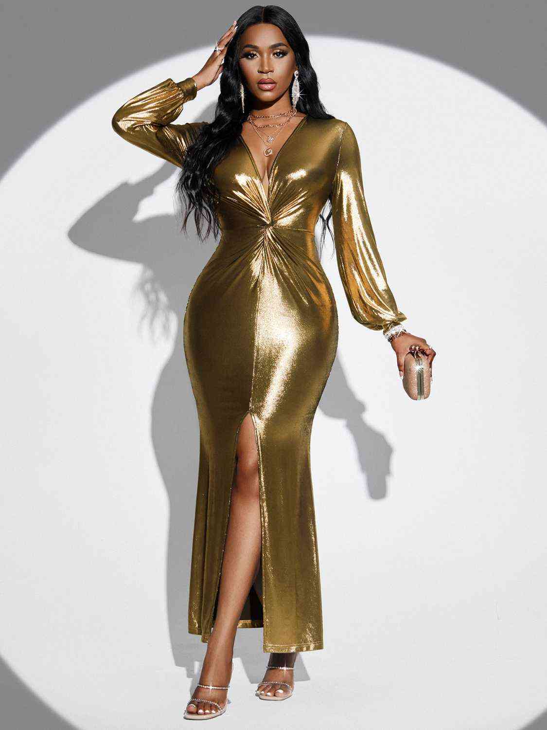 Trendsi Gold / S Plunge Twisted Slit Midi Dress 100101910043369 Apparel &amp; Accessories &gt; Clothing &gt; Dresses