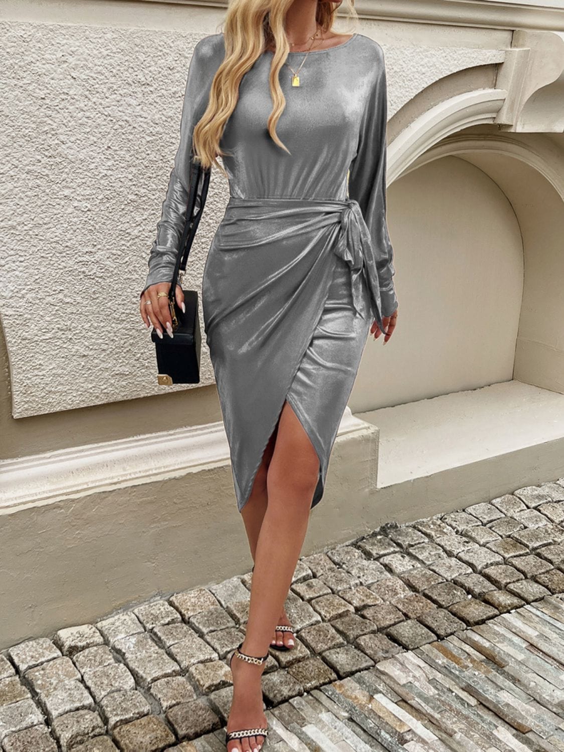 Trendsi Gold Tied Boat Neck Long Sleeve Evening Party Dress Black Gold Silver Or Burgundy Viscose Long Sleeve Evening Dress Apparel &amp; Accessories &gt; Clothing &gt; Dresses