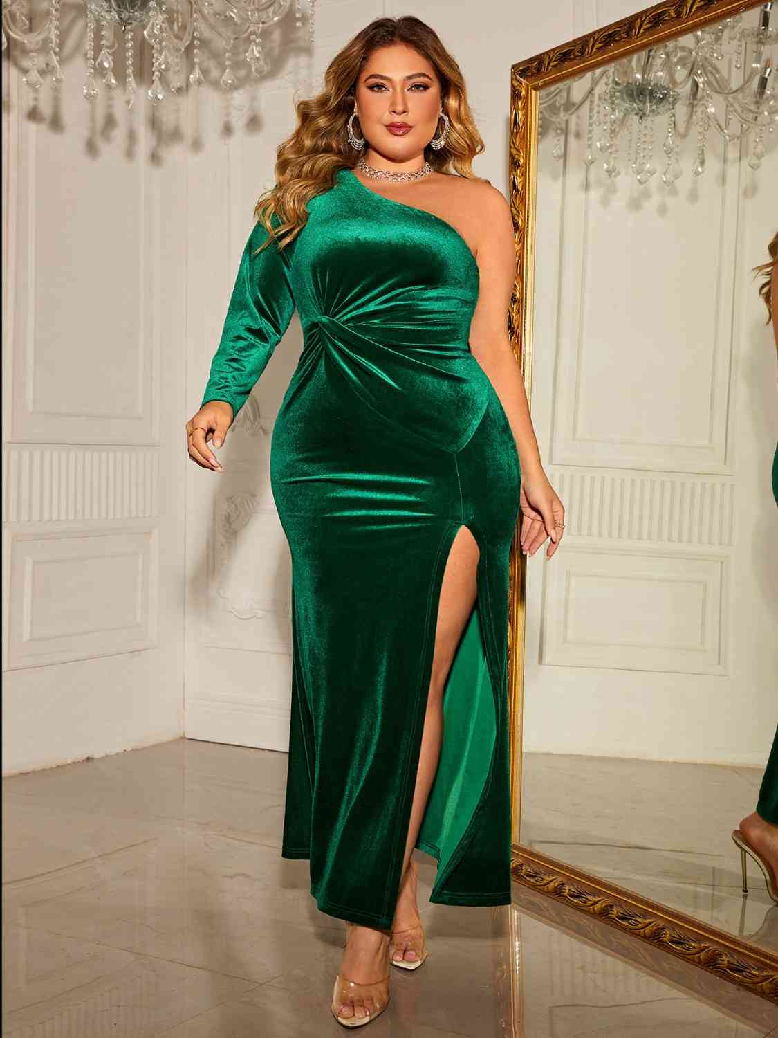 Trendsi Green / 1XL Plus Size One-Shoulder Twisted Split Dress 100101605477509 Apparel &amp; Accessories &gt; Clothing &gt; Dresses